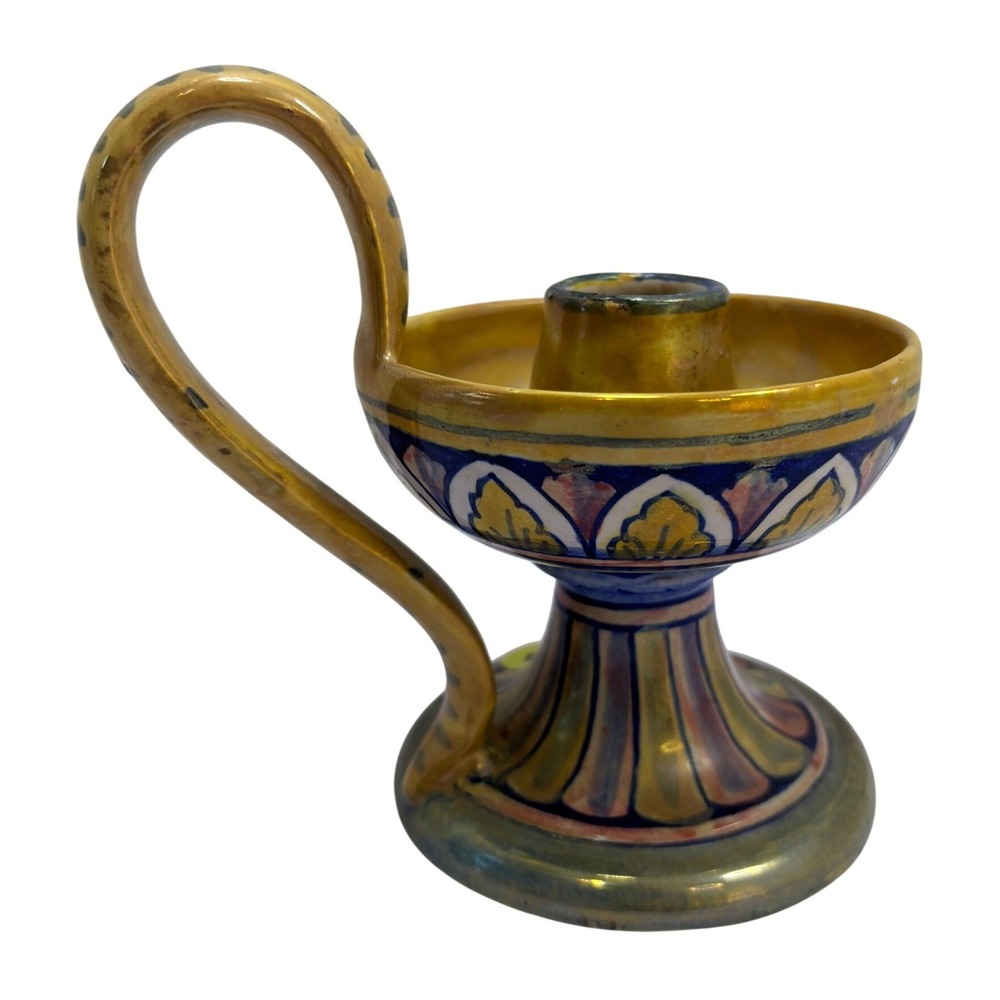 Vintage AR Italy Hand Painted‎ Pottery Chamberstick Candlestick Gold Luster 5.5"